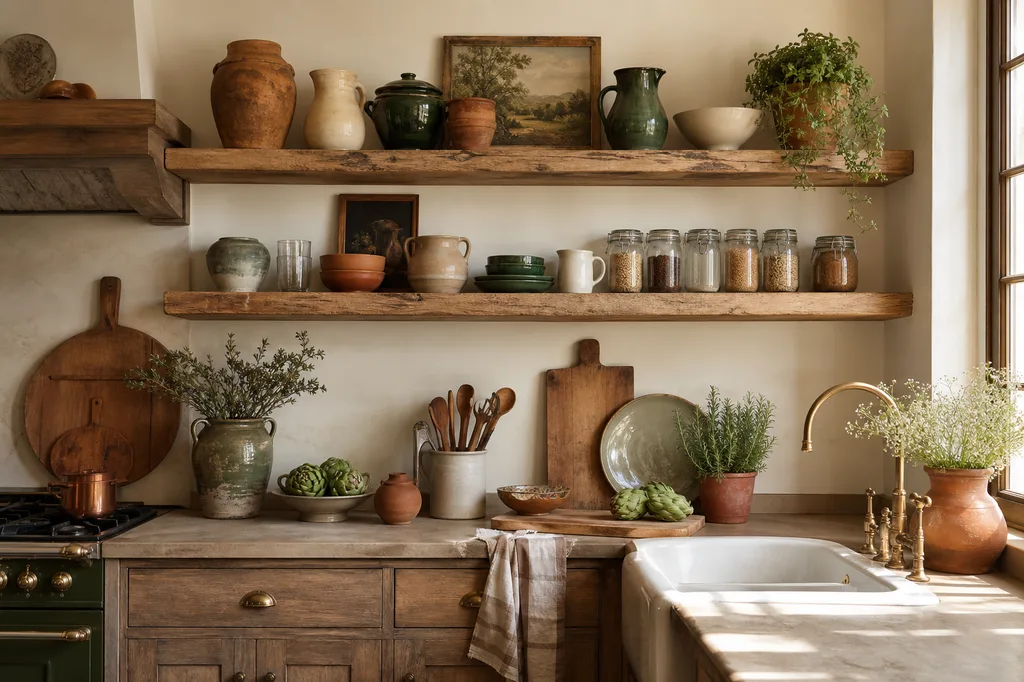 Open wood shelving in a farmhouse kitchen