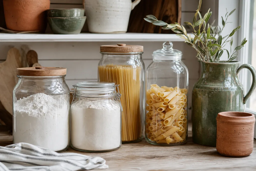 Glass mason jars and canisters used for pantry storage