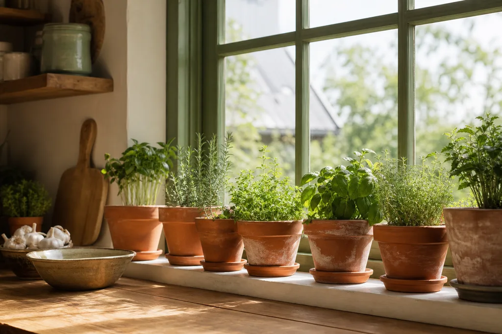 A terracotta pot herb garden on a farmhouse windowsill