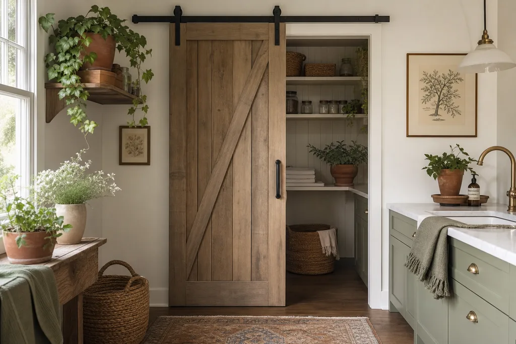 A sliding barn door on a farmhouse pantry