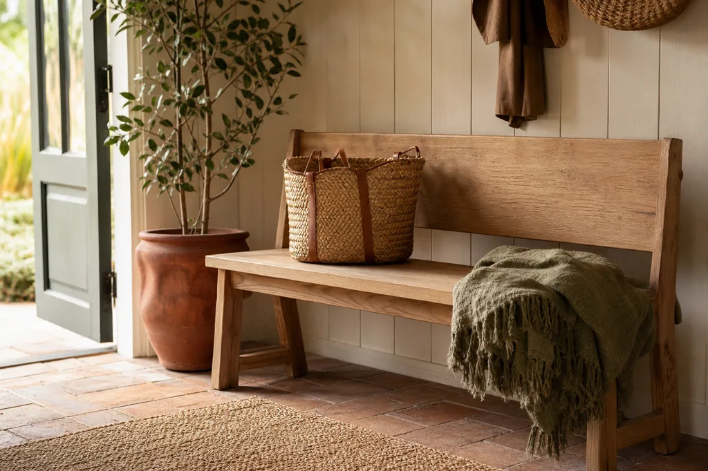 A simple wood bench with a woven basket by the front door