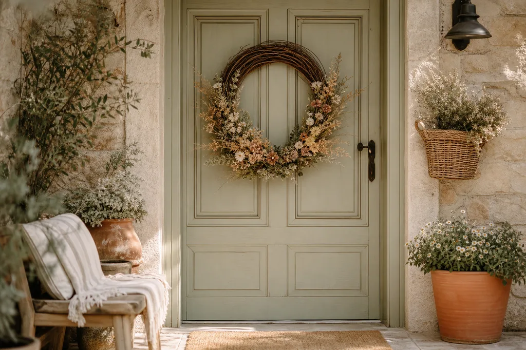 A grapevine wreath with dried florals on the front door