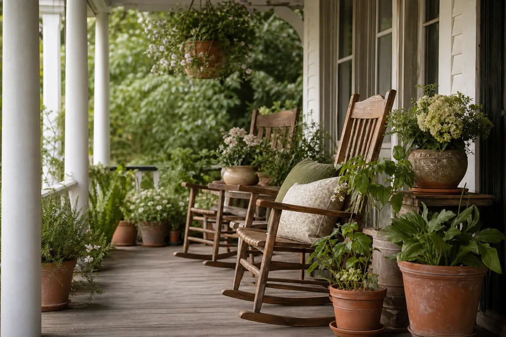 Wood rocking chairs and clustered potted plants on the porch