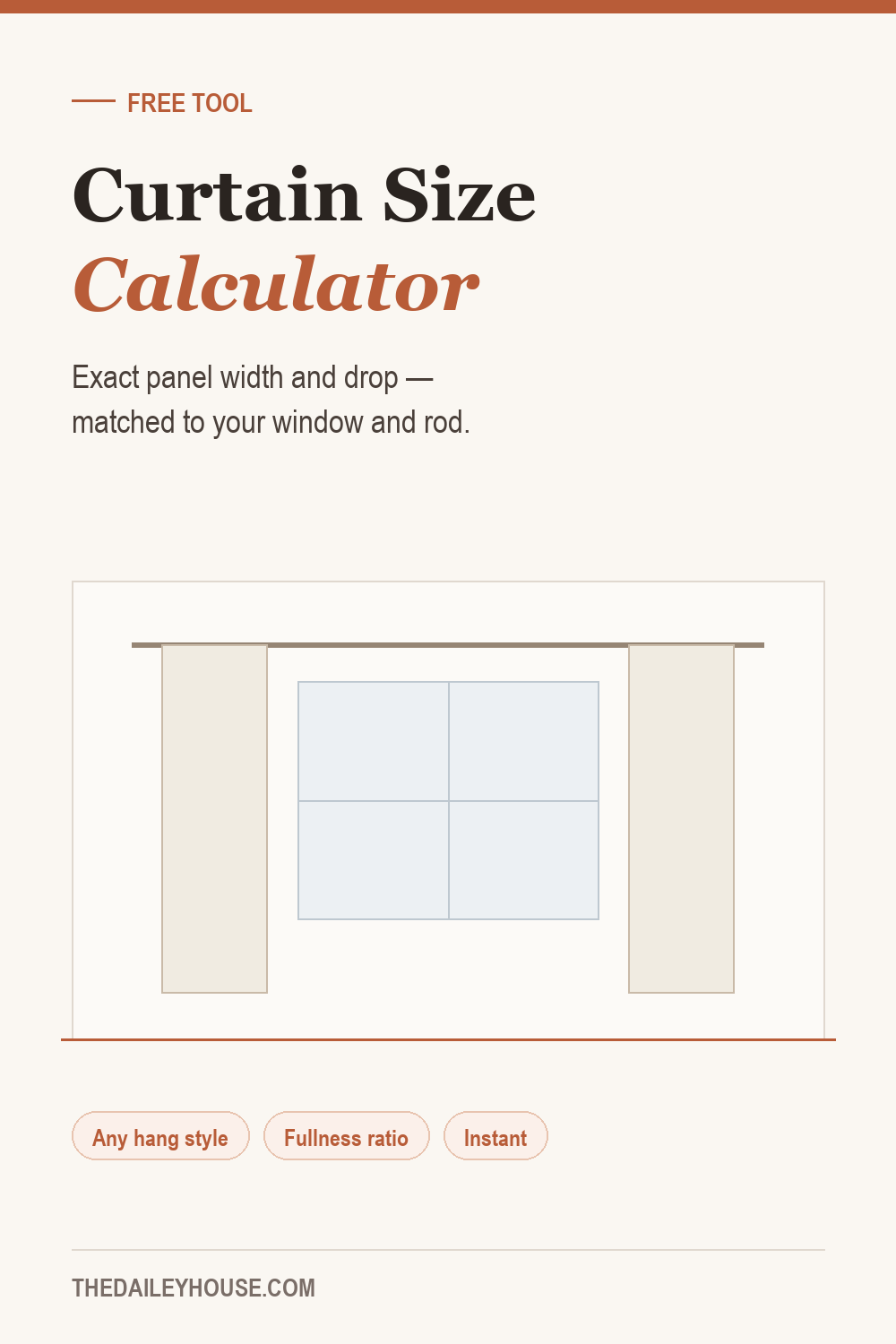Curtain size calculator showing a window with curtain panels and rod