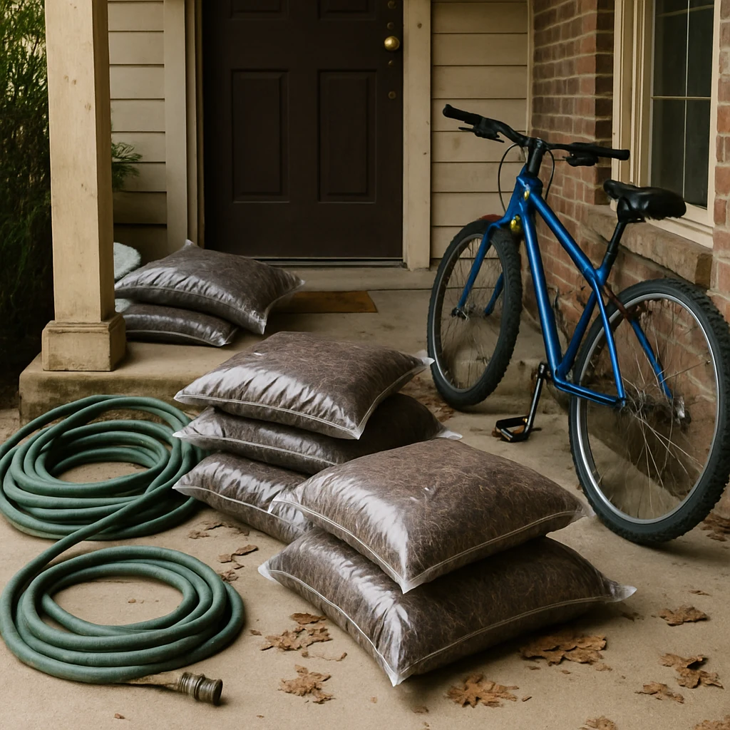 Cluttered front porch with bags of mulch, a bike, and a coiled hose visible