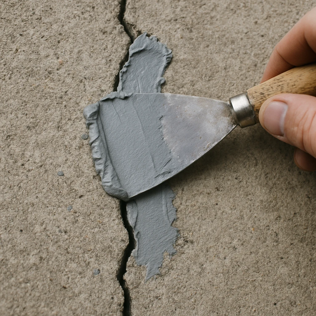 Filling a concrete crack with gray patch compound using a putty knife