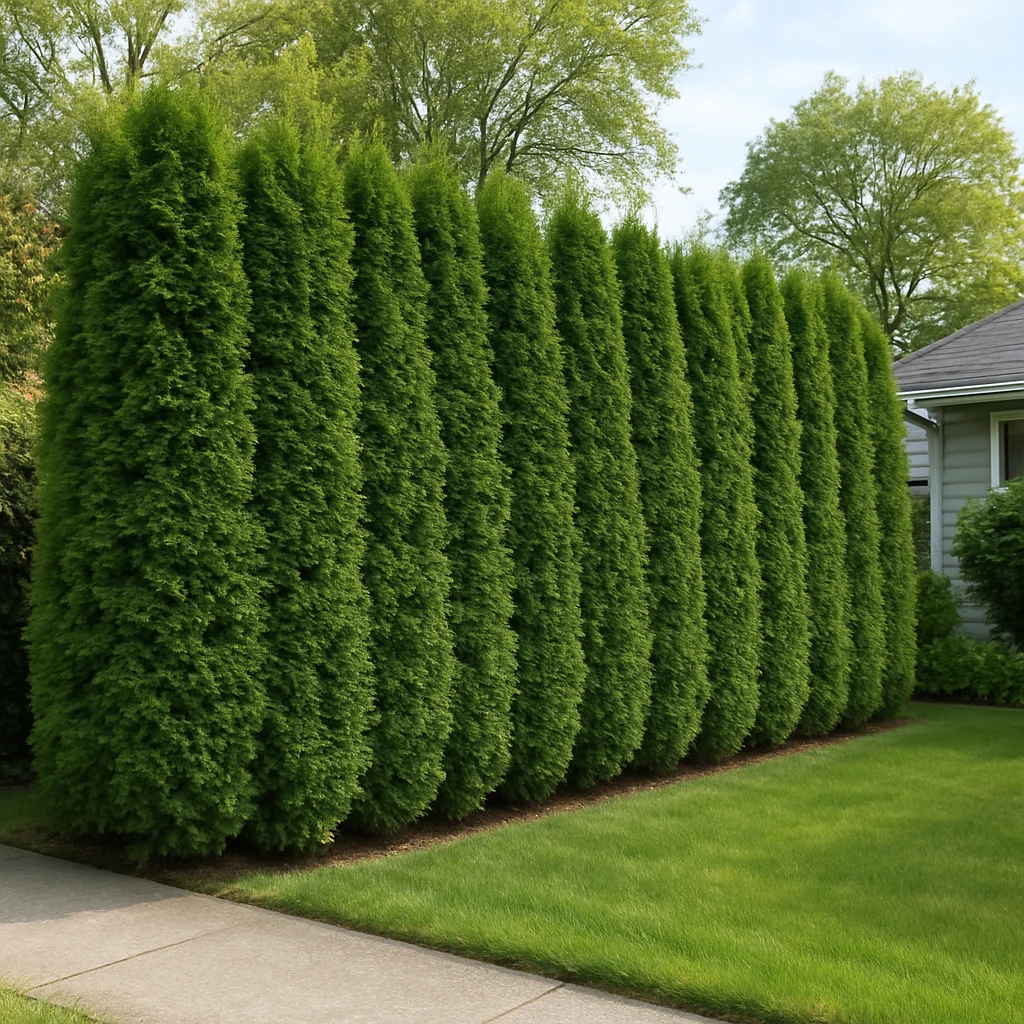 Tall evergreen hedge screening a front yard for privacy along a property line