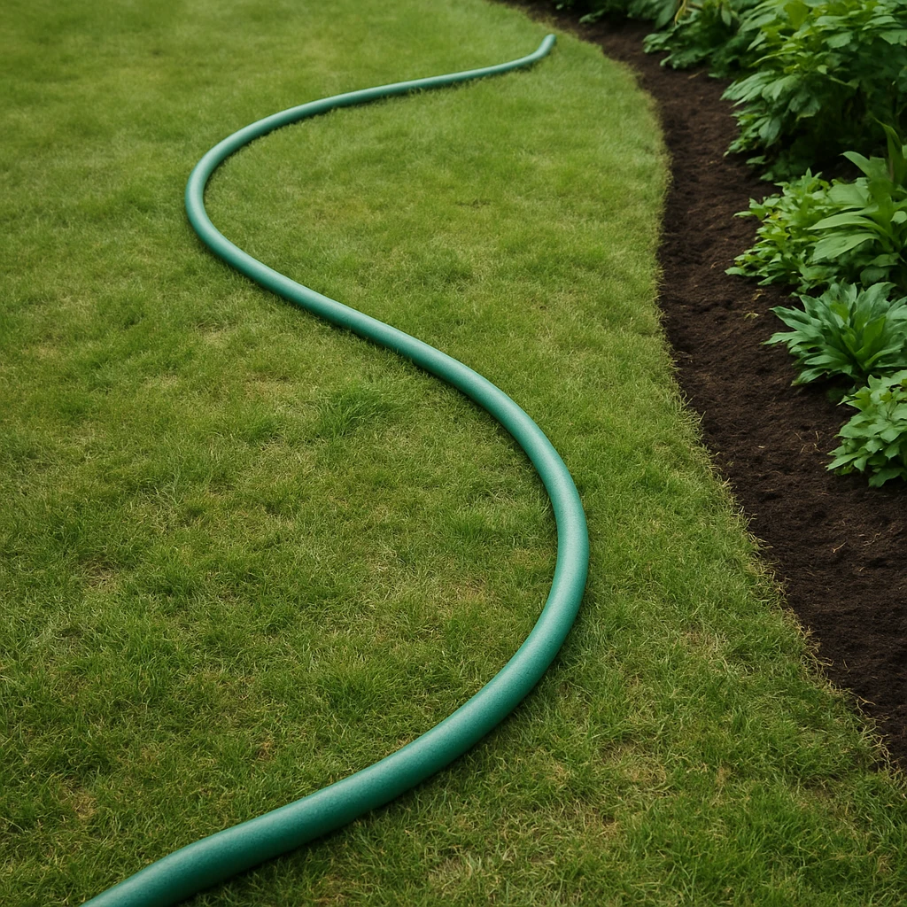 Garden hose laid in a curved line marking a future flower bed edge