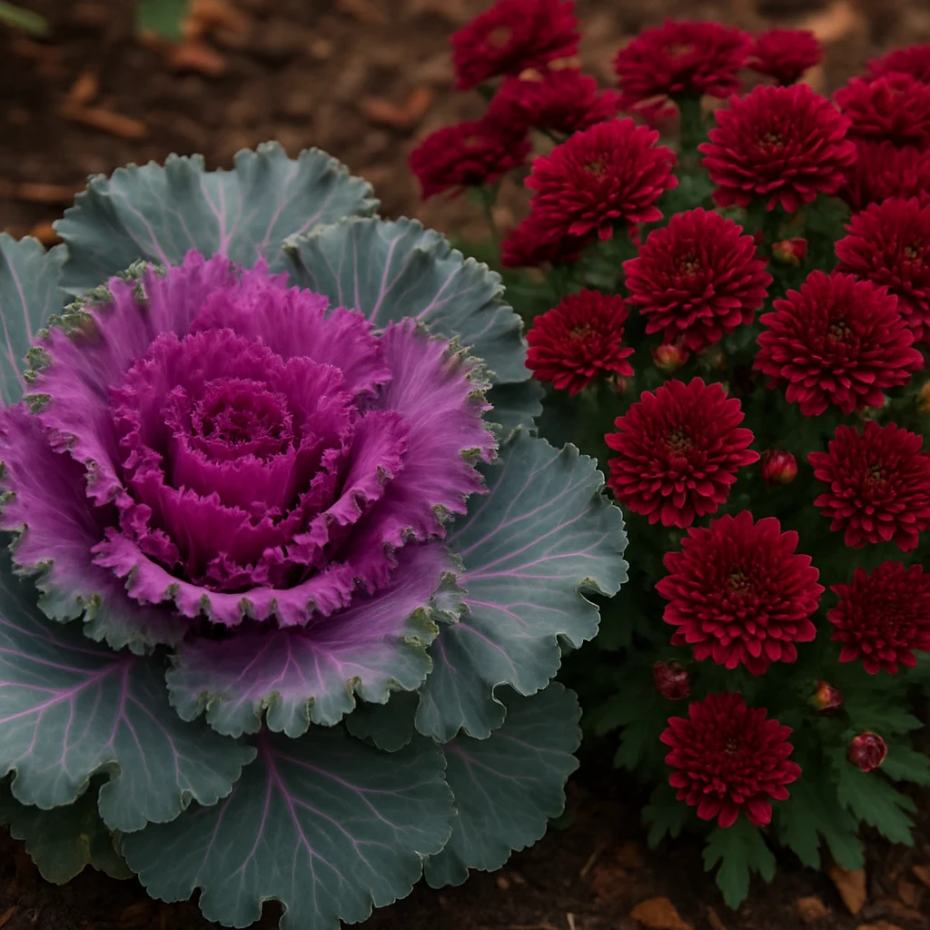 Purple ornamental kale and burgundy chrysanthemums planted together in a fall bed