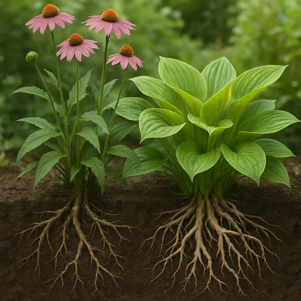 Established perennial coneflowers and hostas with deep root structure in a garden bed