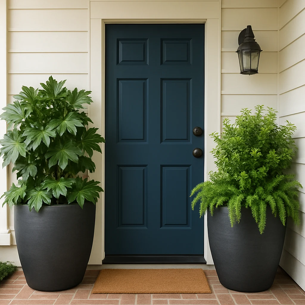 Two matching resin planters with greenery flanking a small home front door