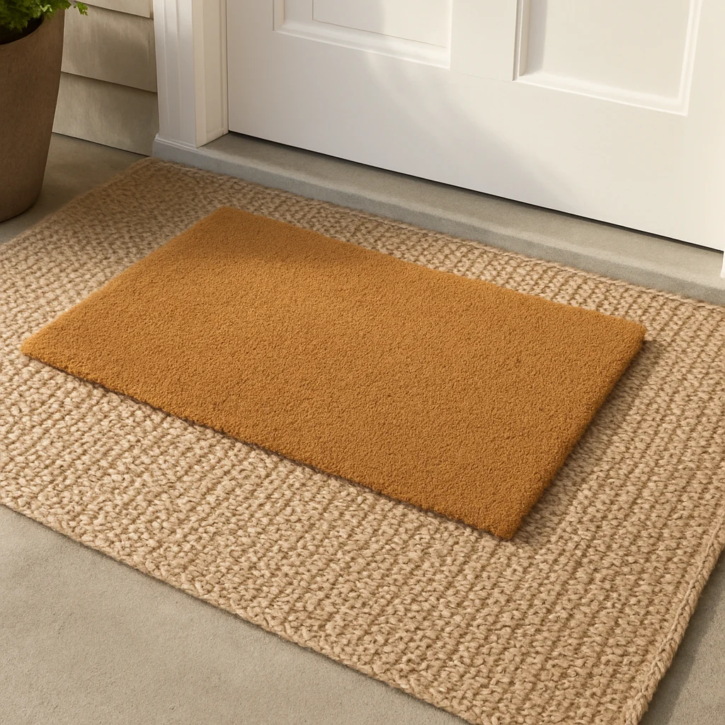 Neutral woven outdoor rug and coir doormat layered at a front porch entrance