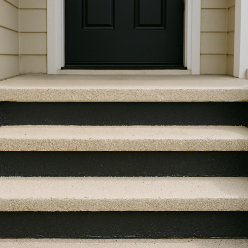 Concrete front porch steps painted two-tone with cream treads and black risers