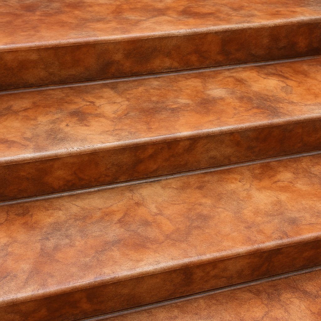 Close-up of acid-stained concrete front steps with mottled stone-look terracotta color