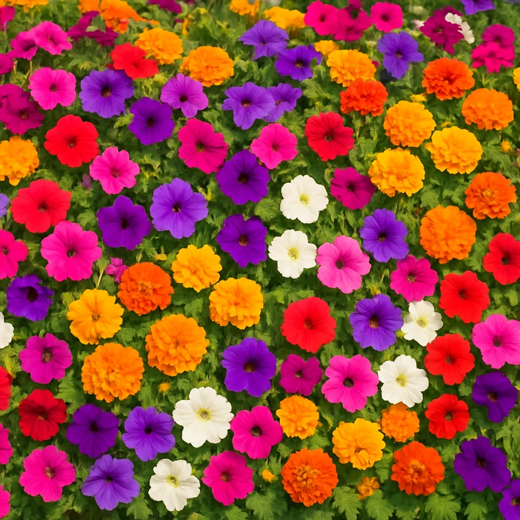 Vibrant flower bed packed with continuously blooming colorful annual petunias and marigolds