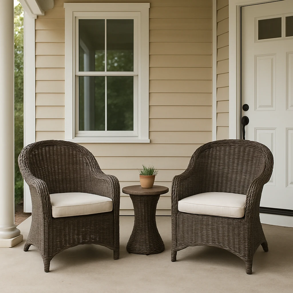 Two matching outdoor wicker chairs with a small round side table between them