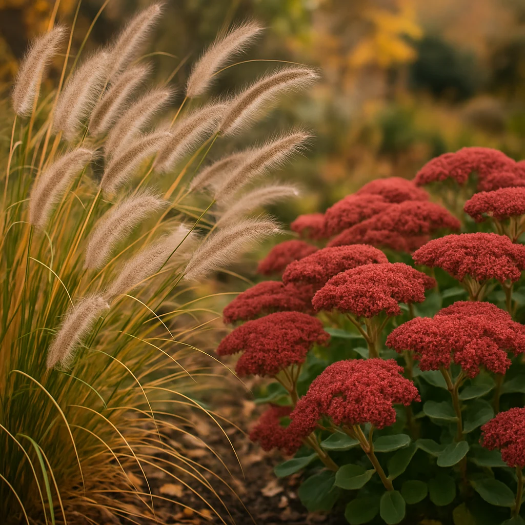 Ornamental fountain grass next to reddish-pink sedum in a fall garden bed