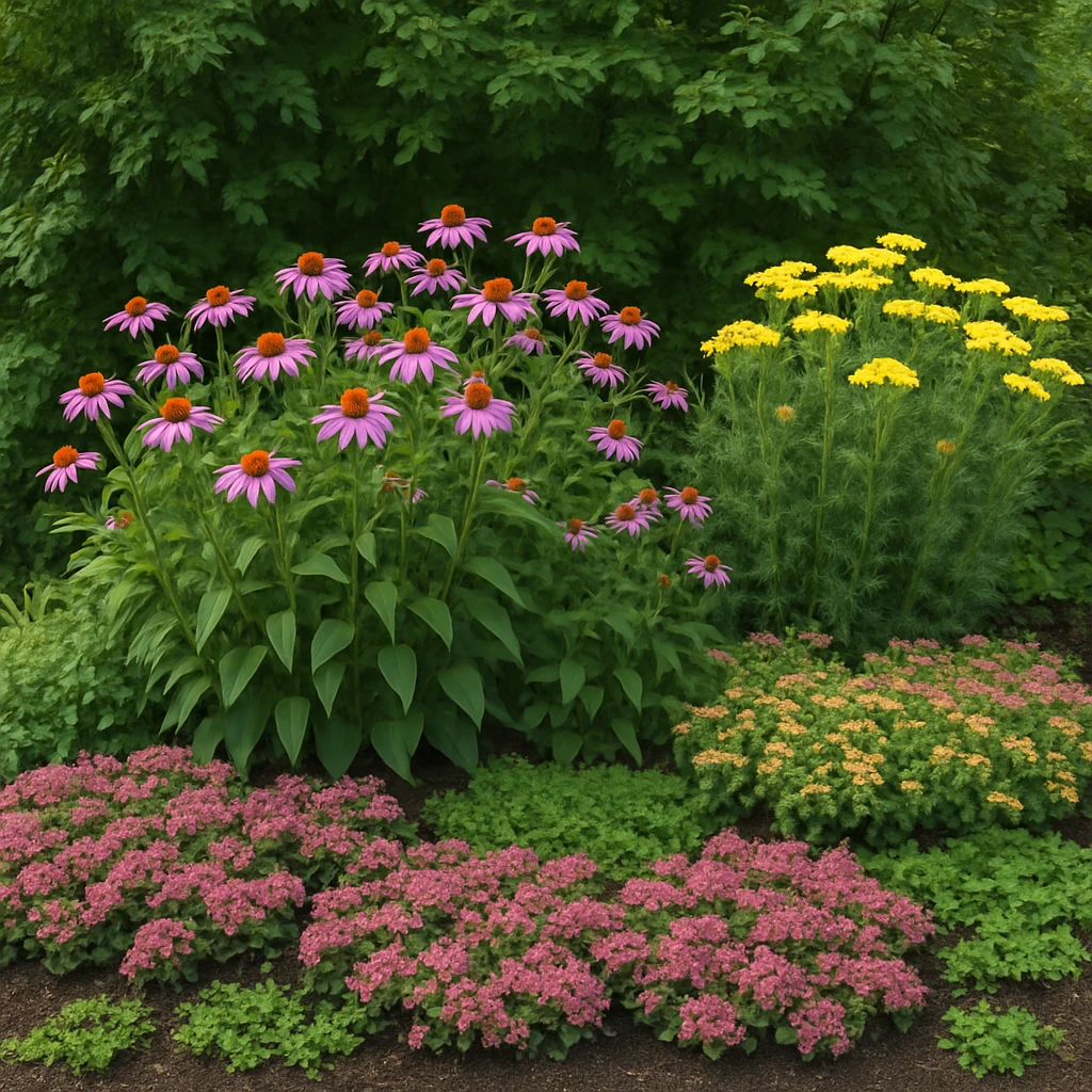 Layered flower bed with tall shrubs at back, medium perennials middle, low ground cover front