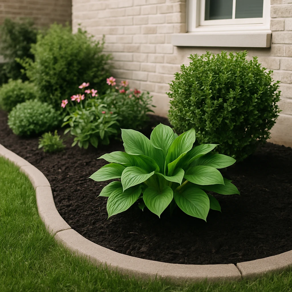 Small front garden bed with crisp clean edging and fresh dark mulch