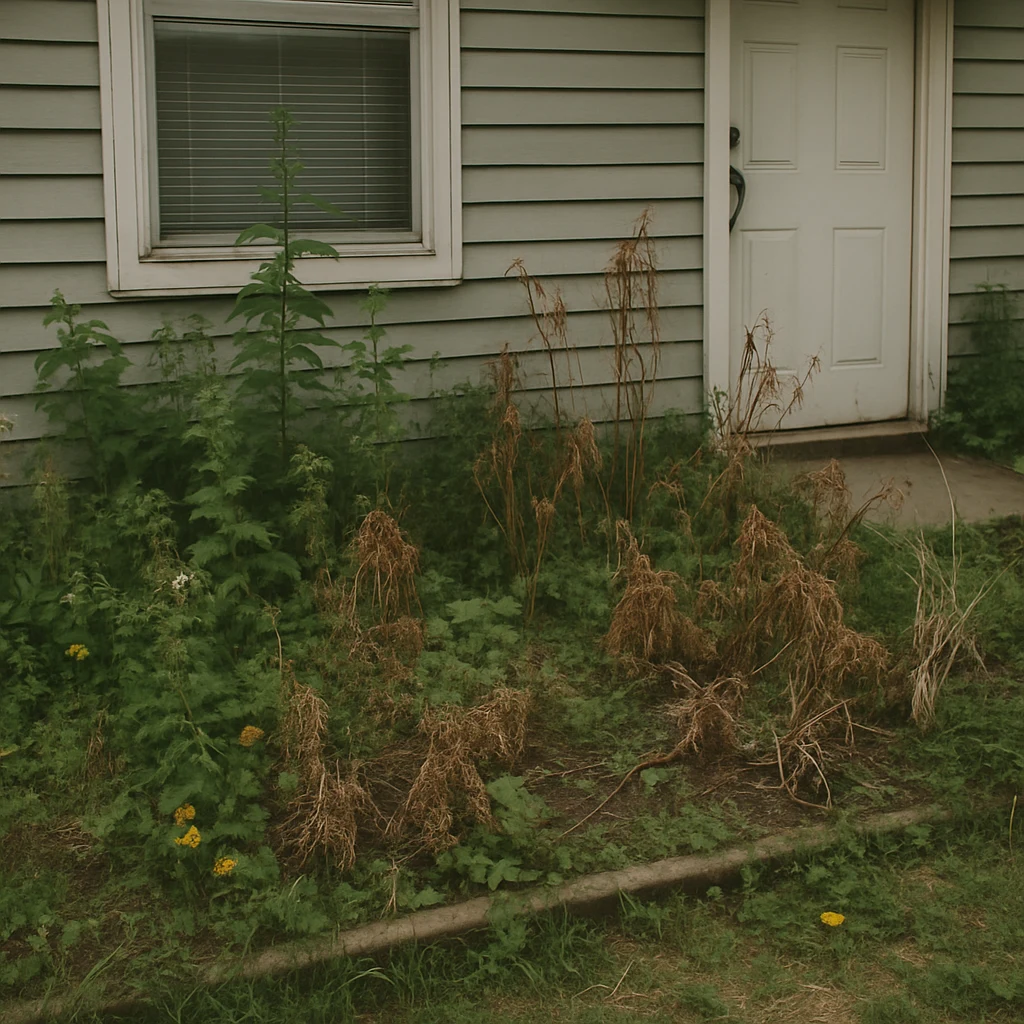 Overgrown neglected flower bed with weeds and dead plants in front of a house