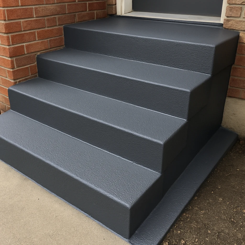 Concrete front steps freshly painted charcoal gray with anti-slip texture