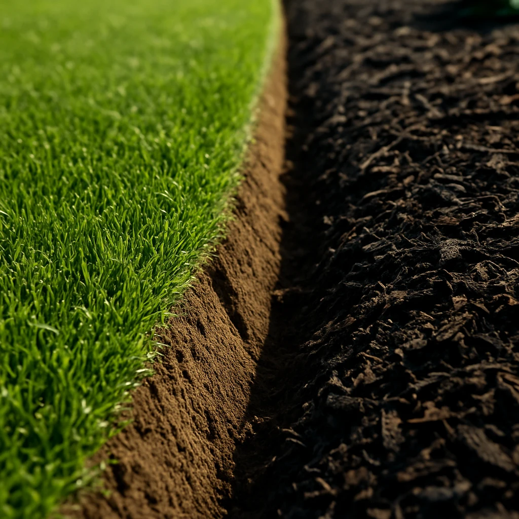 Close-up of a freshly cut V-shaped trench edge between lawn and mulch bed
