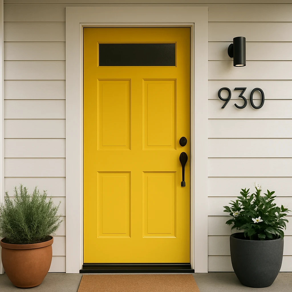 Freshly painted front door in a bold color with modern floating house numbers