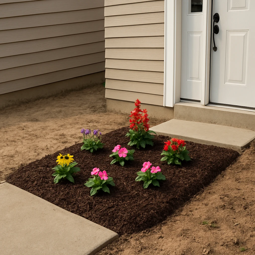One small flower bed near a front door freshly planted and mulched