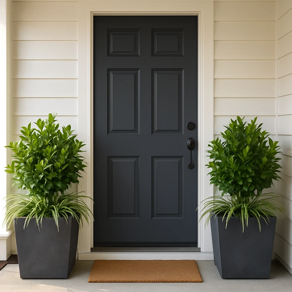 Two matching planters with greenery flanking a front door
