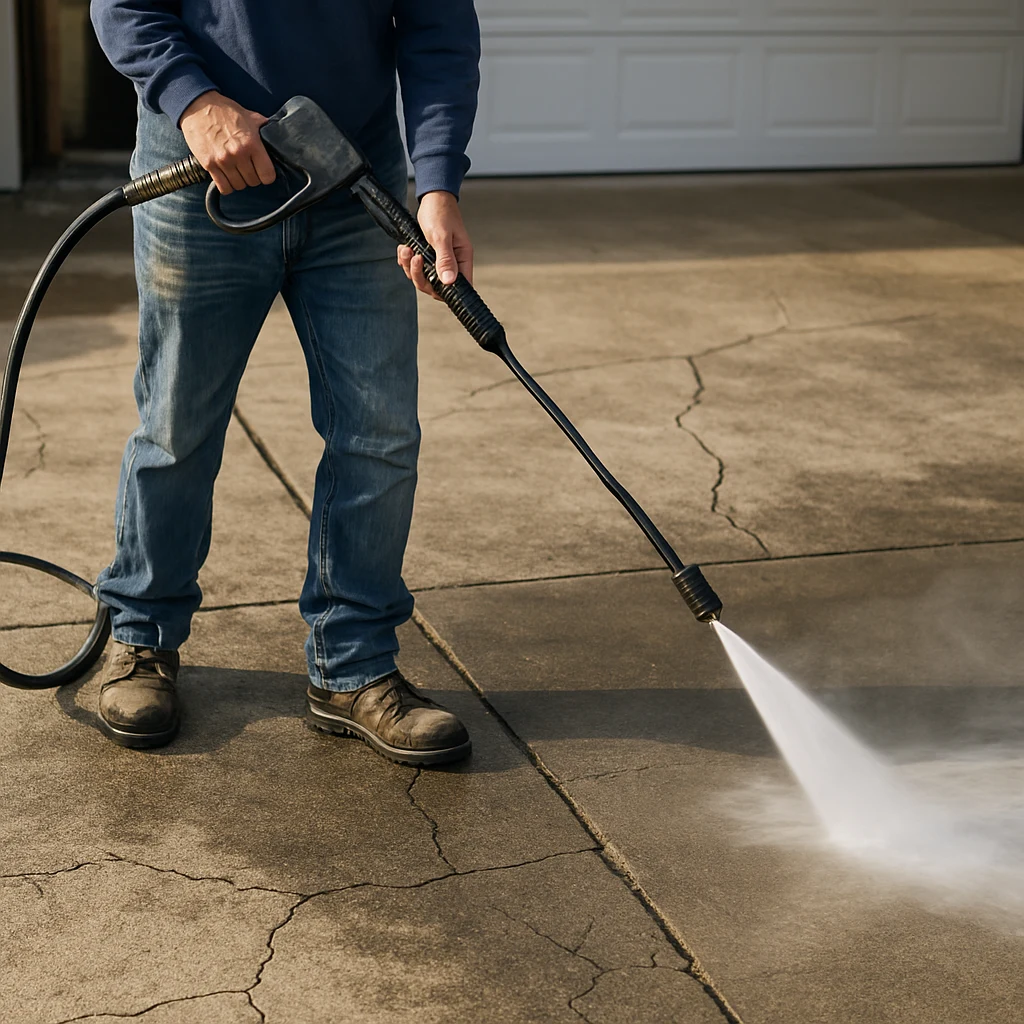 Person power washing a stained cracked concrete driveway
