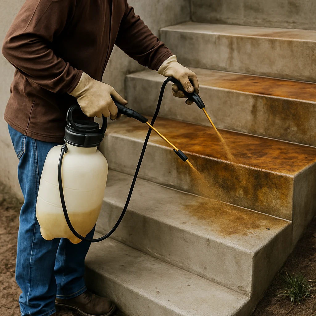 Person applying acid stain to concrete steps with a plastic pump sprayer