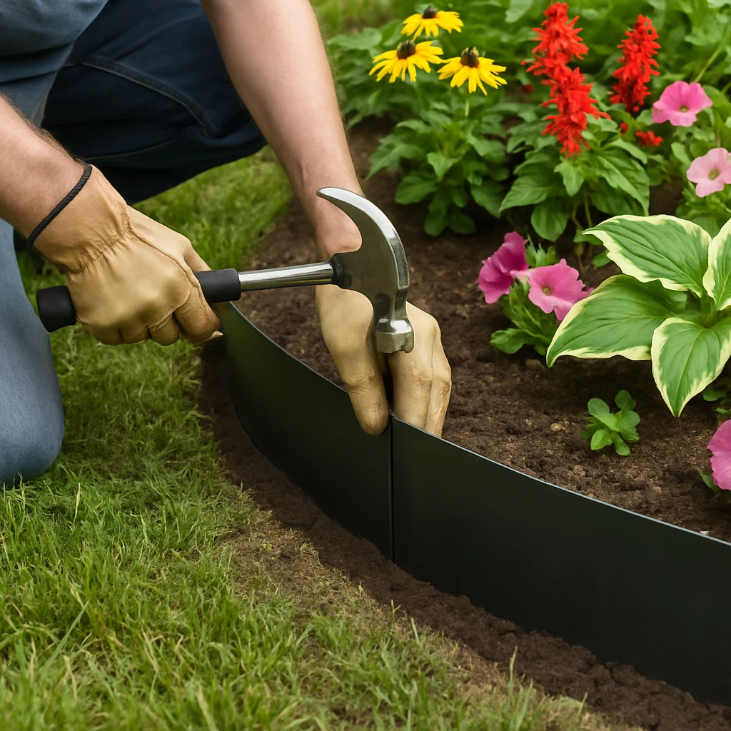 Installing black steel landscape edging along a curved flower bed border
