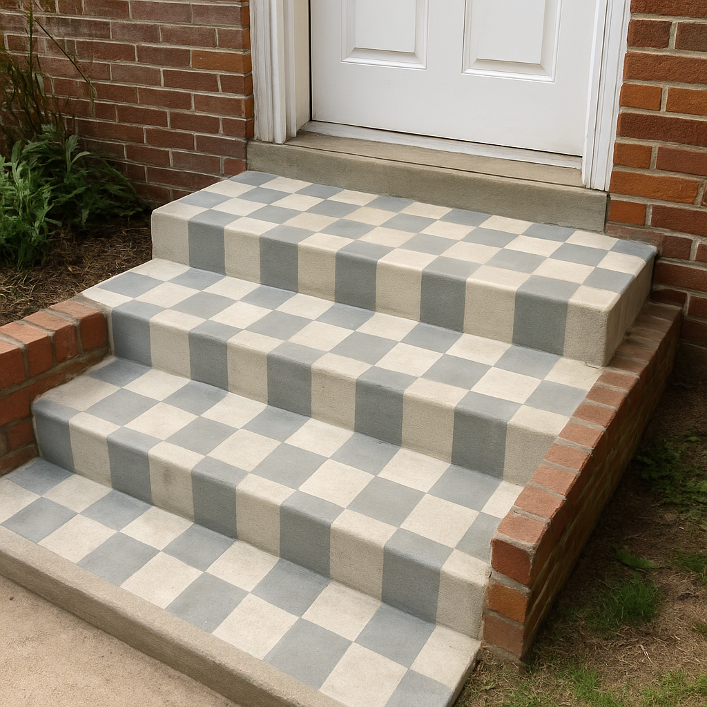 Concrete front steps painted with a stenciled checkerboard tile pattern