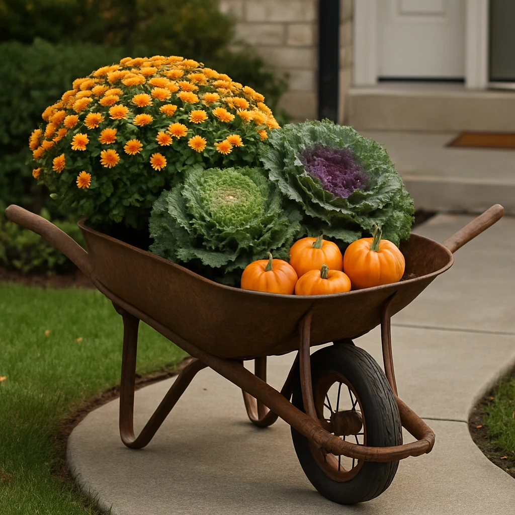 Vintage wheelbarrow filled with mums, ornamental kale, and mini pumpkins near a walkway