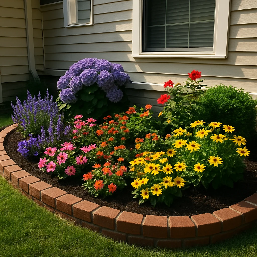 Flower bed with a crisp brick edging border in front of a house