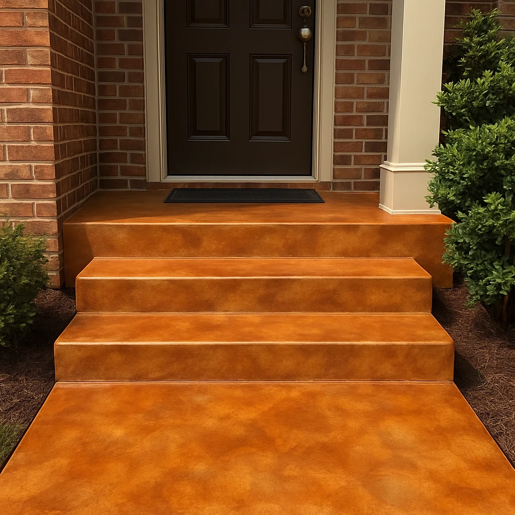 Finished acid-stained concrete front steps in a warm terracotta stone-look color