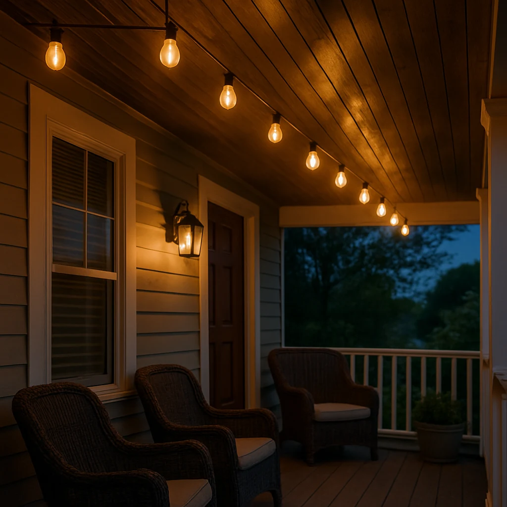 Warm white string lights hung along a front porch ceiling at dusk