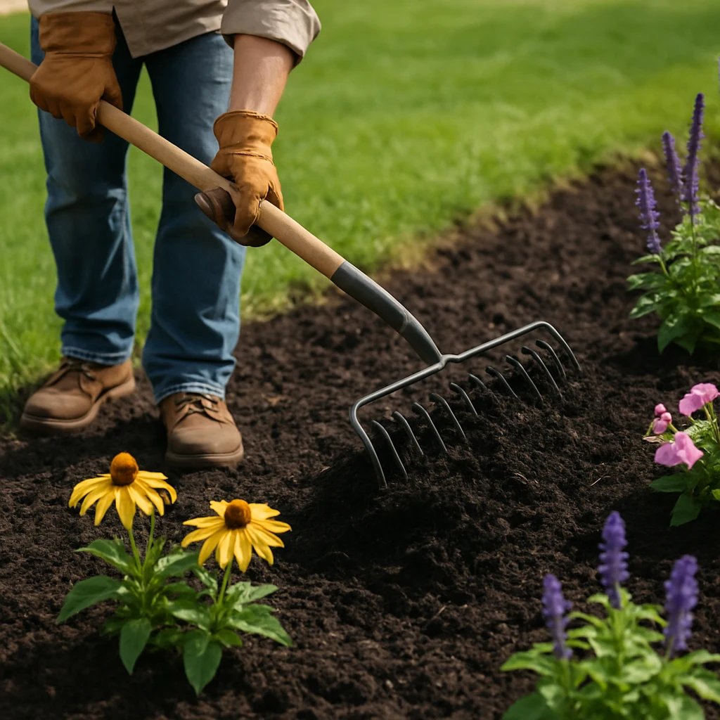 Person spreading fresh dark mulch over a newly planted flower bed with a rake