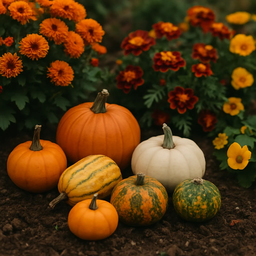 Small pumpkins and gourds of varying sizes grouped among fall flowers