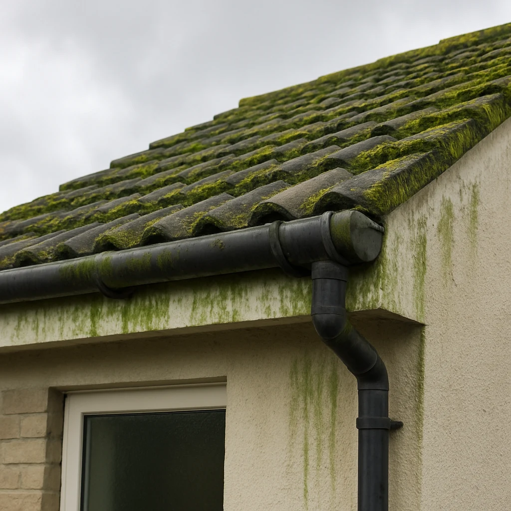 House roofline and gutters with visible moss and algae streaking