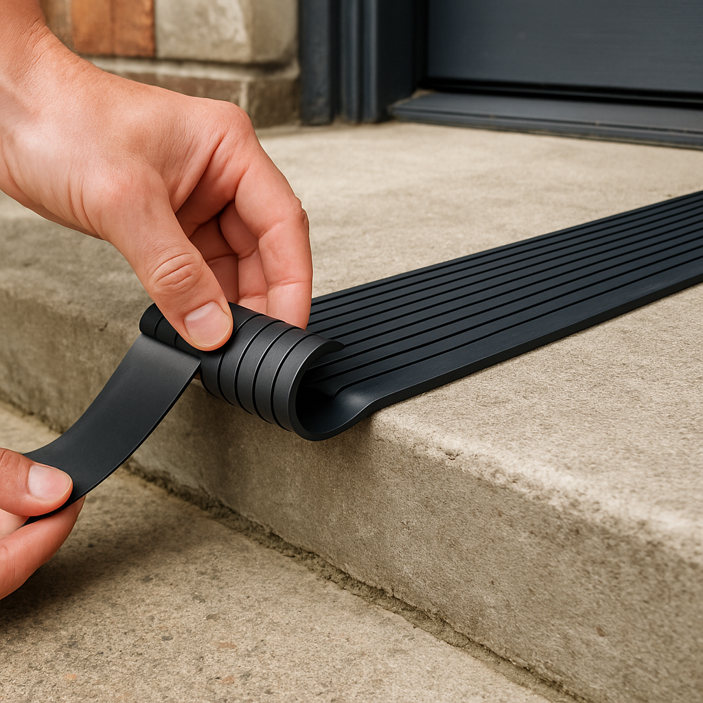 Hand applying a self-adhesive rubber non-slip stair tread to a concrete step edge
