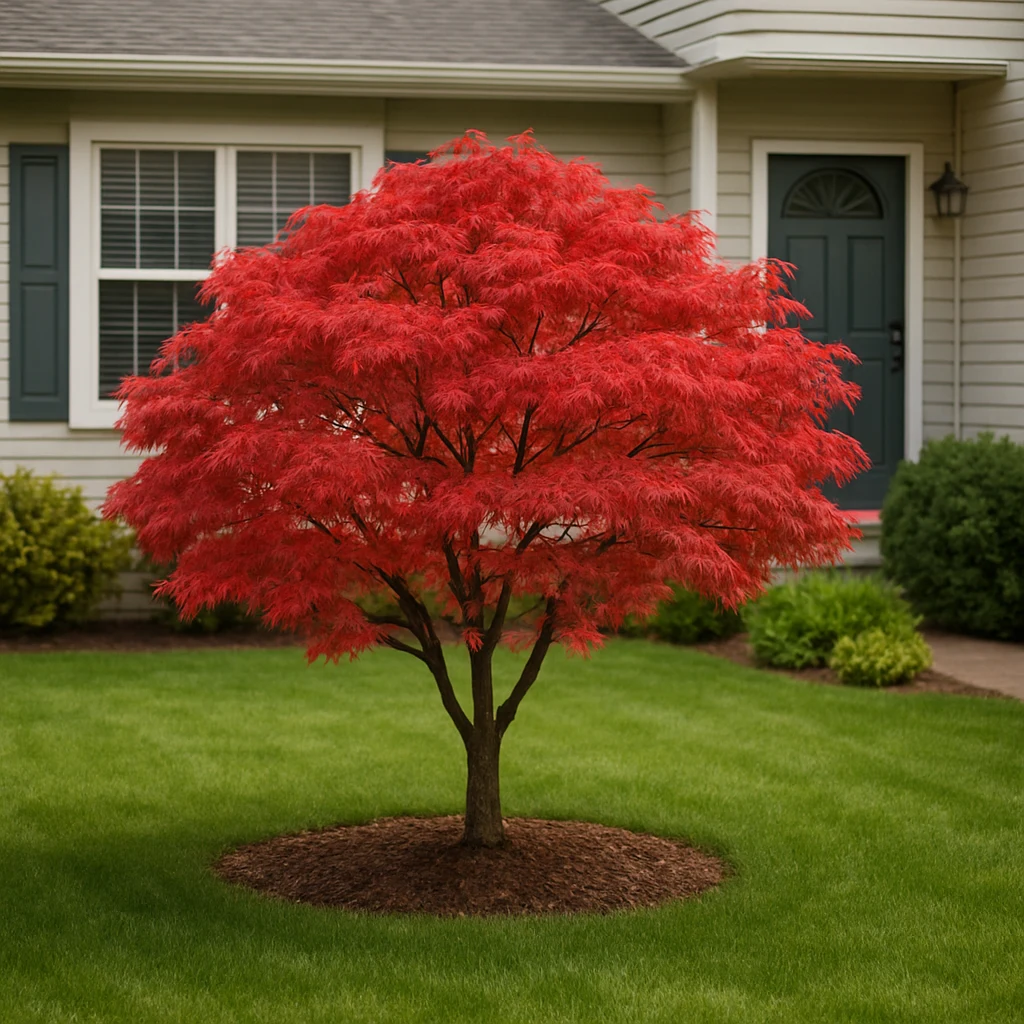 A single ornamental Japanese maple tree planted off-center in a small front yard