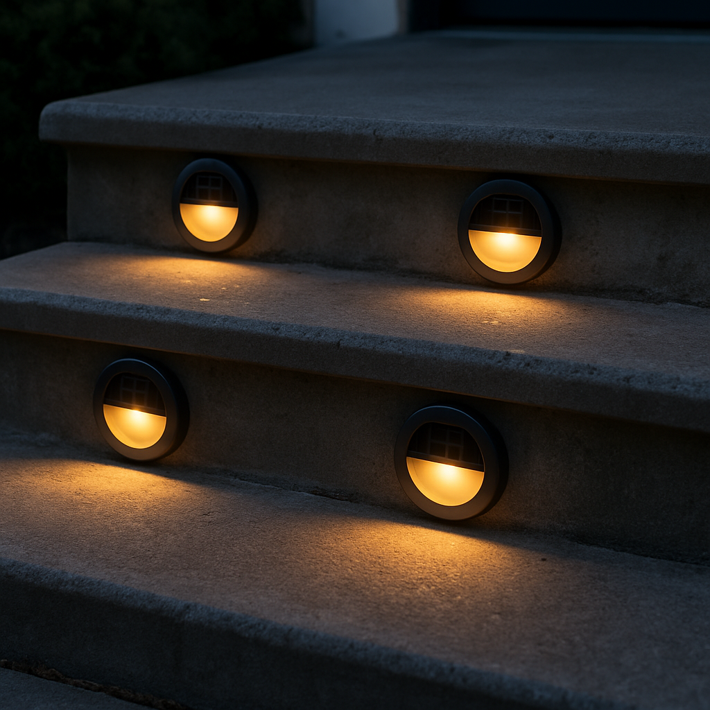 Solar puck lights recessed into concrete stair risers glowing at dusk