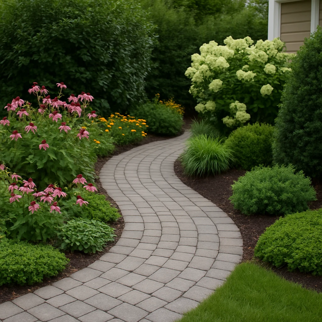 Curved paver walkway through a small front yard with layered plant heights