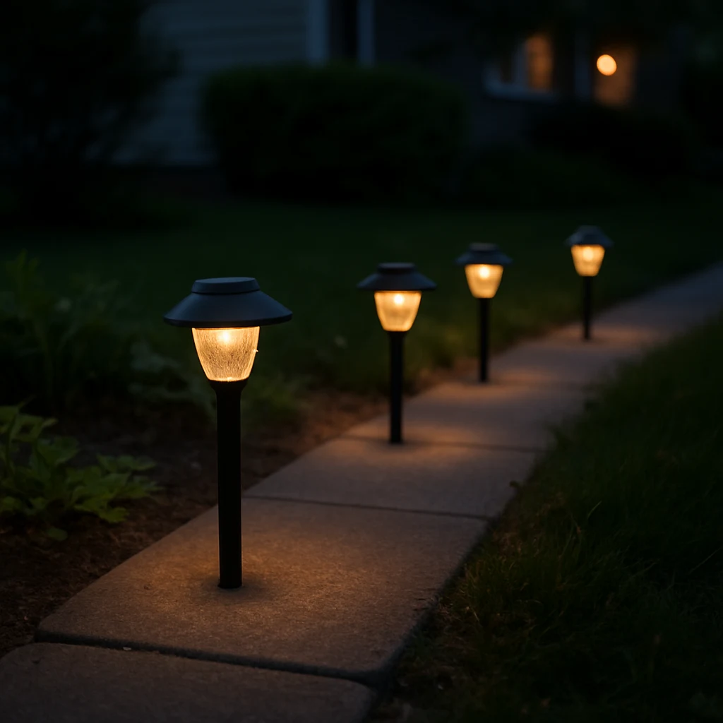 Small solar path lights glowing along a front yard walkway at dusk
