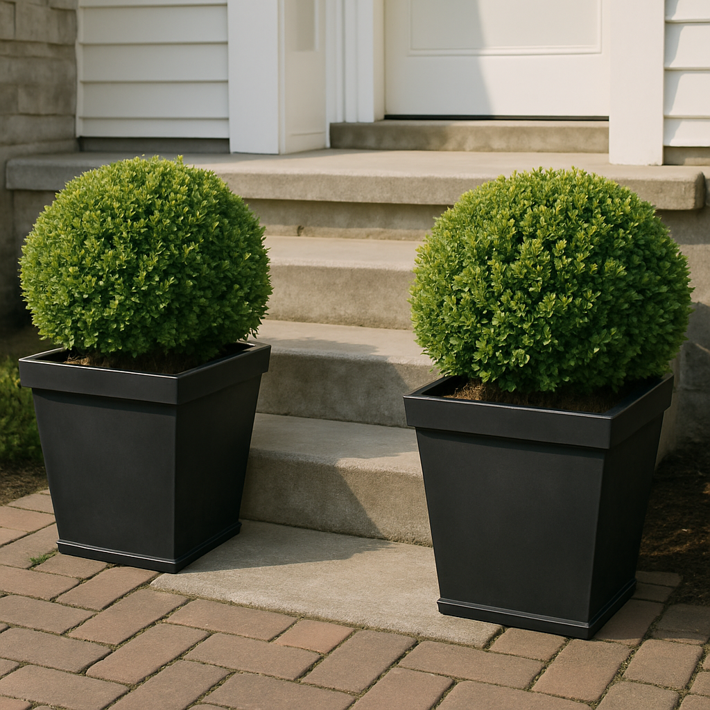 Two matching planters with boxwood flanking the base of concrete front steps