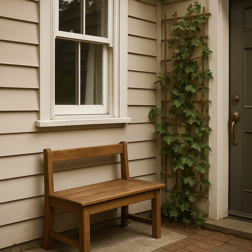 Small wooden bench beside a front door with a climbing vine on a trellis nearby