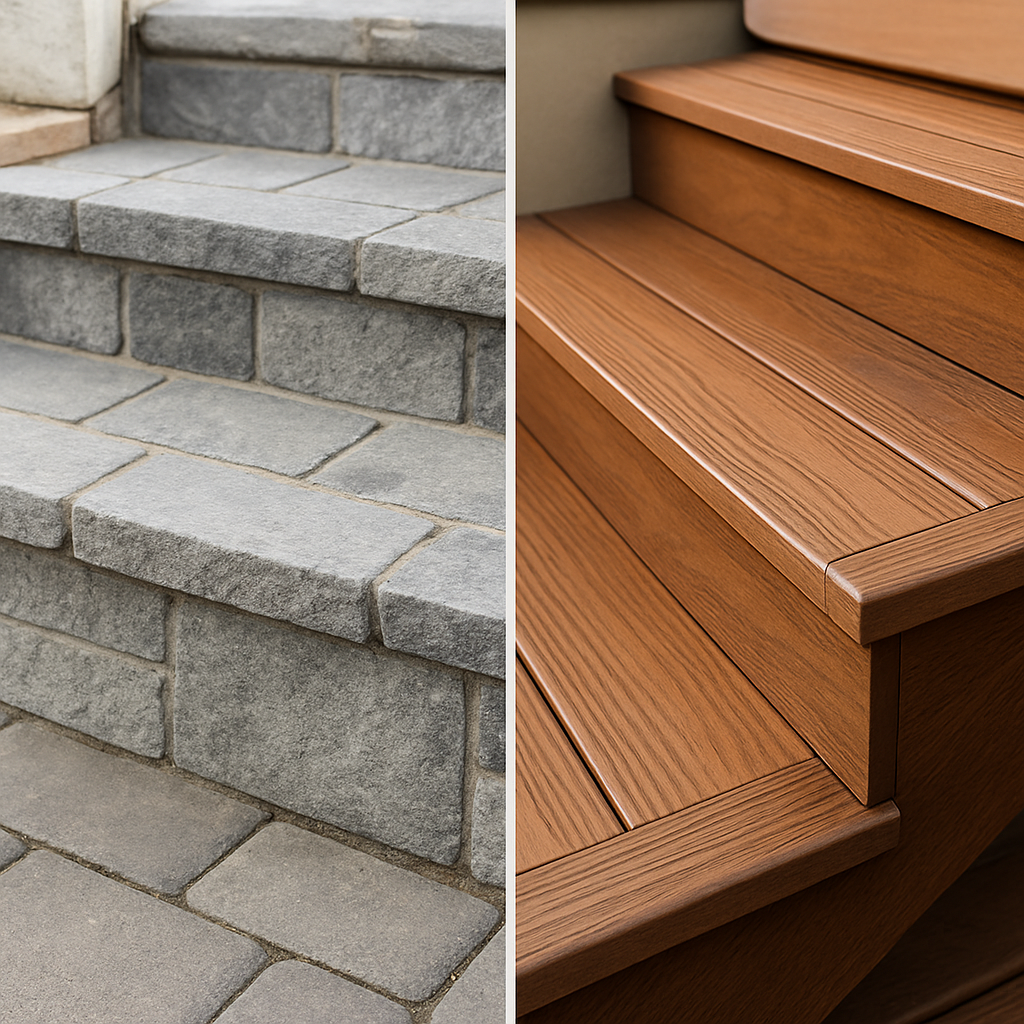 Comparison of stone-look paver cladding and composite stair cap over concrete steps