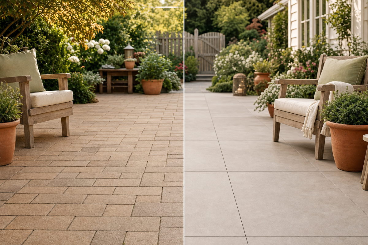 Split patio showing concrete pavers on the left and porcelain patio tiles on the right