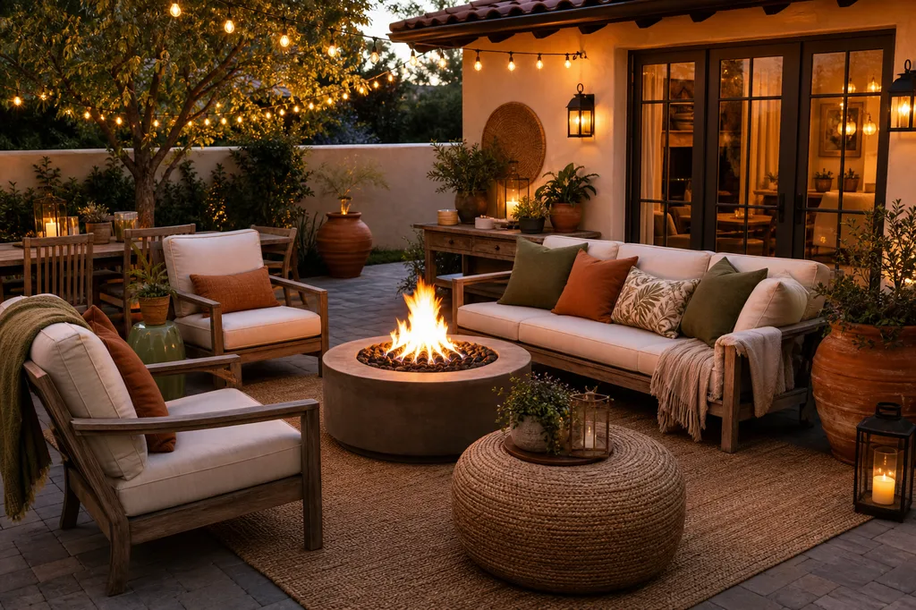 Well laid out patio with furniture pulled in toward a fire pit focal point and layered lighting